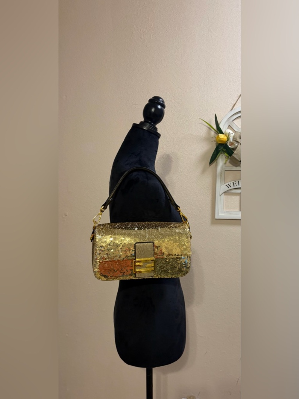 Fashion Gold Sequin Mono Baguette Shoulder Bag with Convertible Top Handle